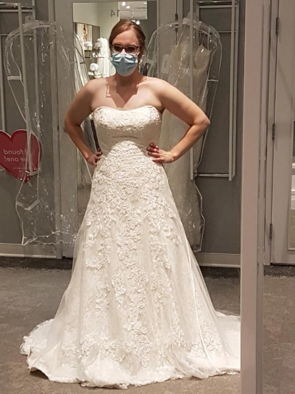David's Bridal Strapless Lace Appliqué A-Line Wedding Dress in Ivory